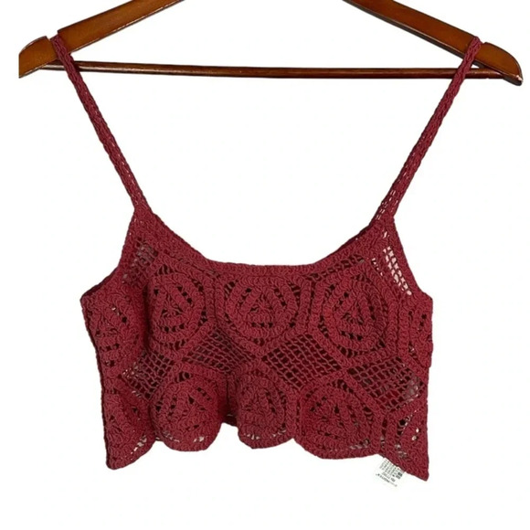 ZARA Crochet Crop Tank Top Rusty Maroon Spaghetti  Strap Bohemian Festival M - Picture 2 of 9